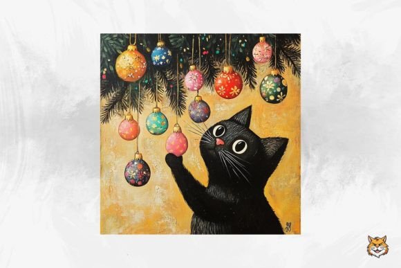 Cute Black Cat Christmas Tree Background