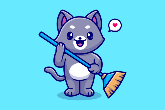 Cute Cat Holding Broom Cartoon Review