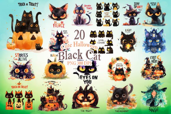 Halloween Black Cat Watercolor Clipart Bundle